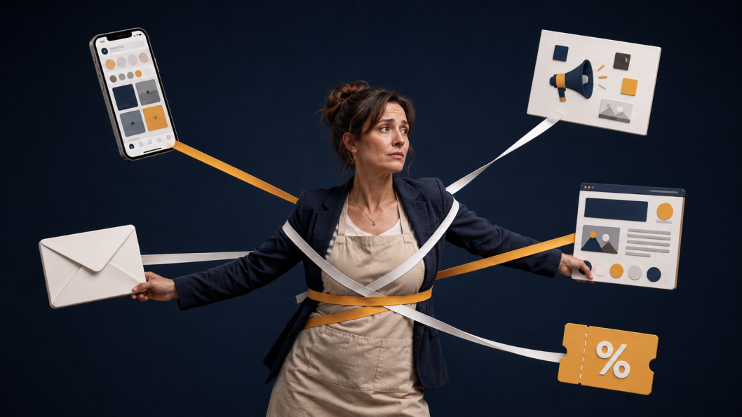 Unternehmerin zwischen vielen nicht verbundenen Marketingmaßnahmen. Transparenzhinweis: AI generiert.