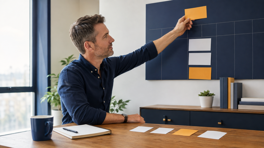 Unternehmer wählt eine klare Priorität für seinen Marketingplan. Transparenzhinweis: AI generiert.